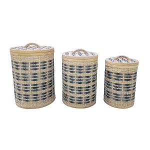 TELENDOS ΚΑΛΑΘΙ ΜΕ ΚΑΠΑΚΙ SET 3ΤΜΧ 36x36x52cm ΞΥΛΟ ΕΛΑΤΟΥ WHITE WASHED ΜΠΛΕ ΥΦΑΣΜΑ